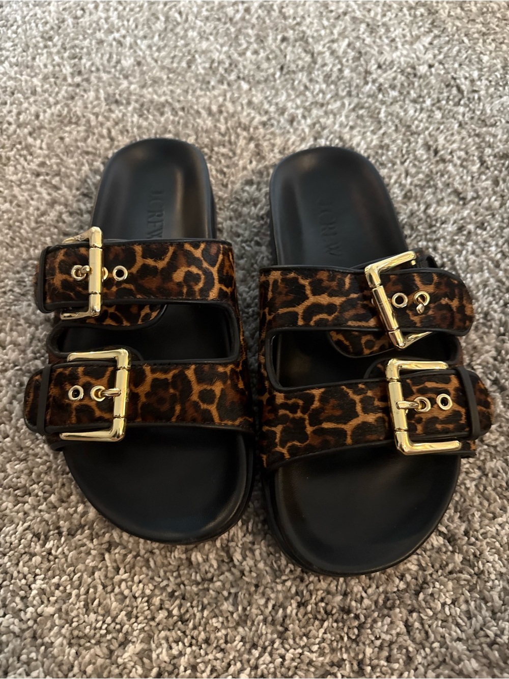 Jcrew Leopard Print Double-Buckle Slide Sandals - Black & Brown